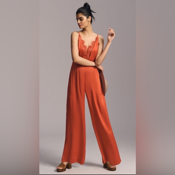 Anthropologie Silky‎ Satin Jumpsuit Women Classic Wide Leg Boho Orange Size 6T - Picture 1 of 15